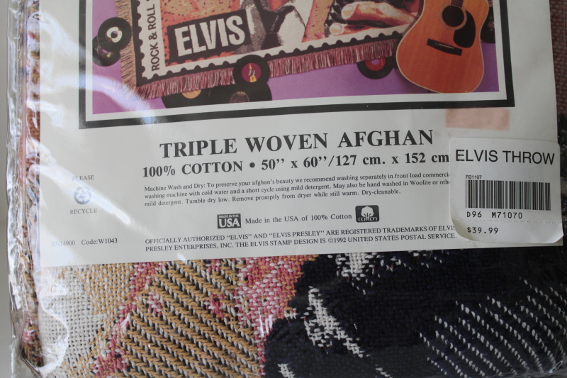 photo of new in package 1990s vintage cotton tapestry throw blanket, Elvis Presley US Postage Stamp 29 cents  #2