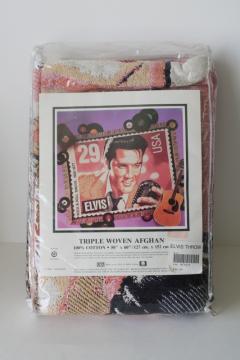 catalog photo of new in package 1990s vintage cotton tapestry throw blanket, Elvis Presley US Postage Stamp 29 cents 