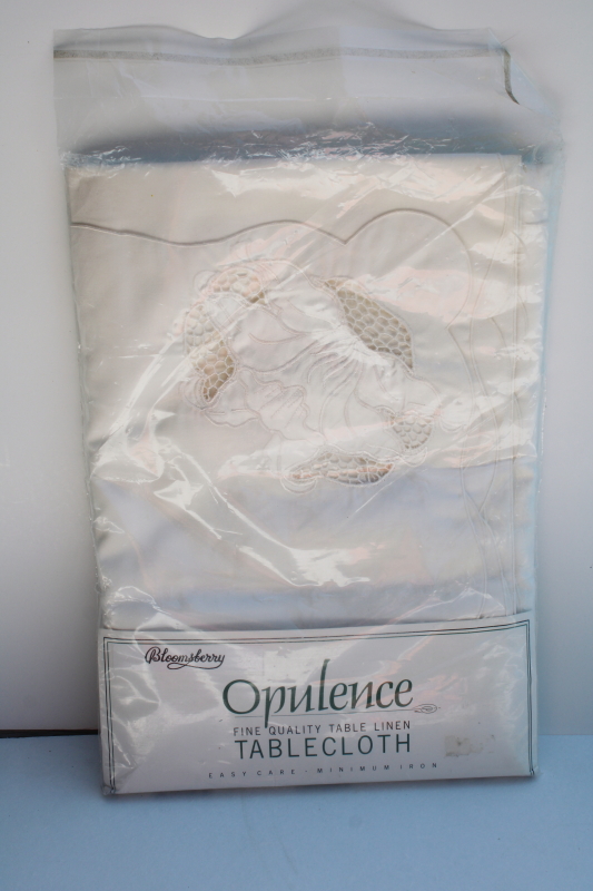 photo of new in package no iron poly cotton ramie fabric tablecloth w/ cutwork machine embroidery #1