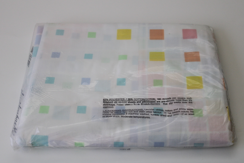 photo of new in package vintage percale bed sheet twin flat, rainbow pastels color blocks print #4