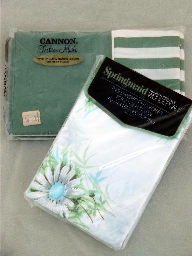 photo of new in package vintage pillowcases, 70s retro green stripes, daisy print #1