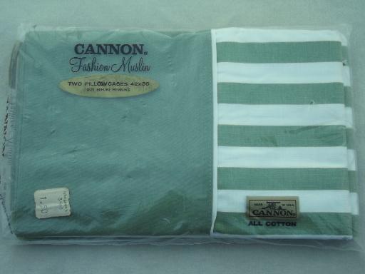 photo of new in package vintage pillowcases, 70s retro green stripes, daisy print #5