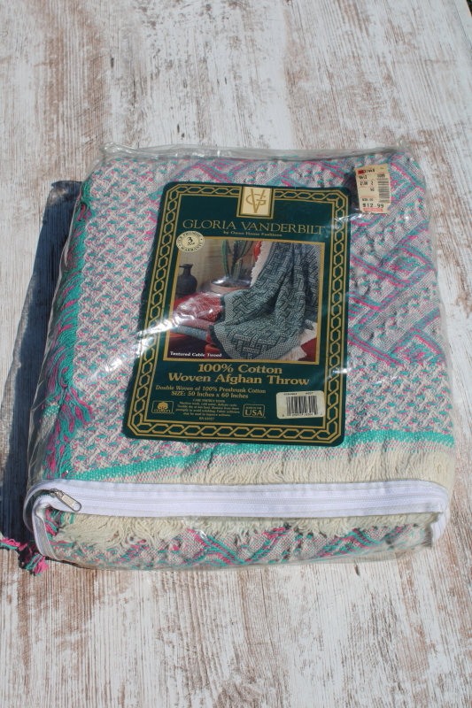 photo of new in package vintage woven cotton tapestry throw blanket pink & jade green  #1