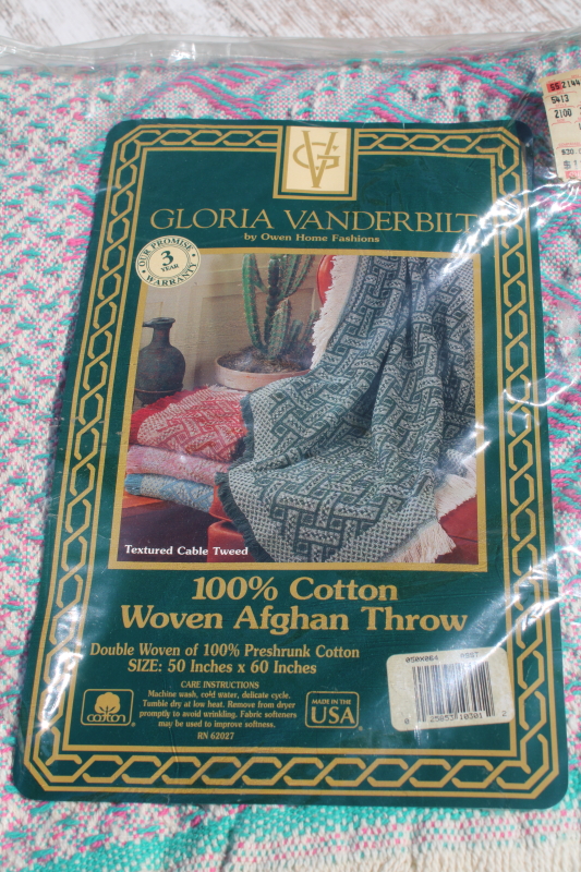 photo of new in package vintage woven cotton tapestry throw blanket pink & jade green  #2