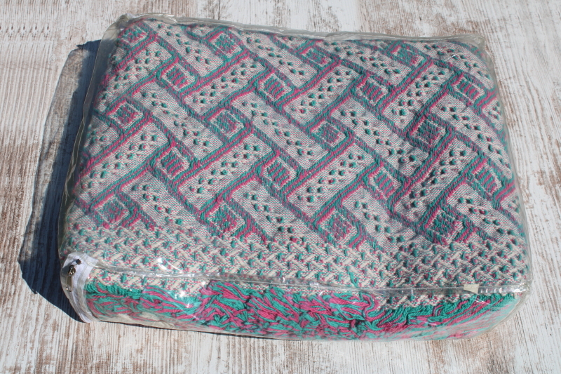 photo of new in package vintage woven cotton tapestry throw blanket pink & jade green  #6