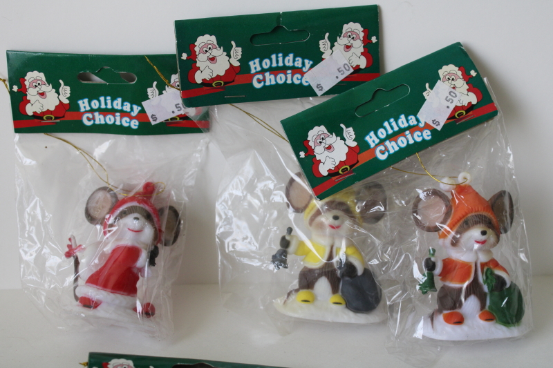 photo of new in packages vintage Christmas mouse ornaments, 12 plastic mice in winter clothes #3