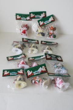 catalog photo of new in packages vintage Christmas mouse ornaments, 12 plastic mice in winter clothes 