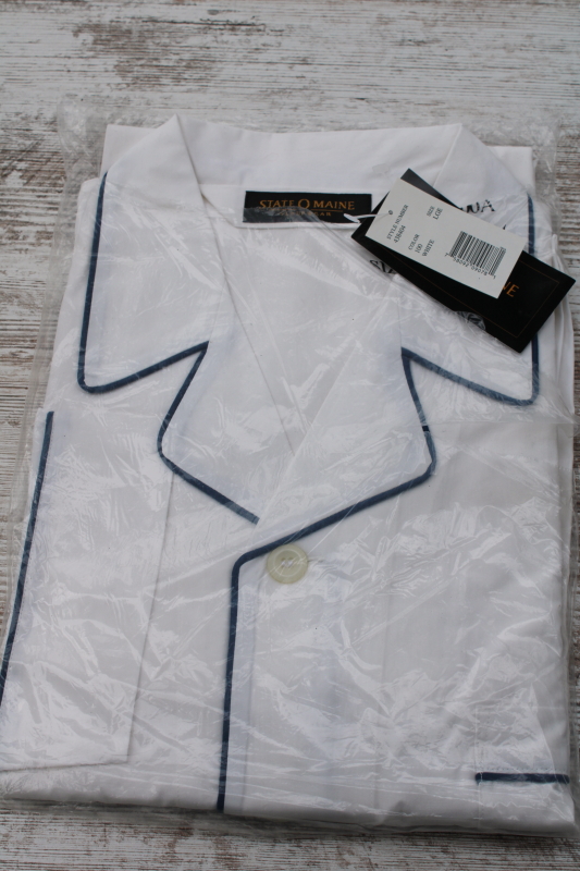 photo of new in pkg State O Maine crisp white cotton pajamas w/ navy blue piping, men's size large #1