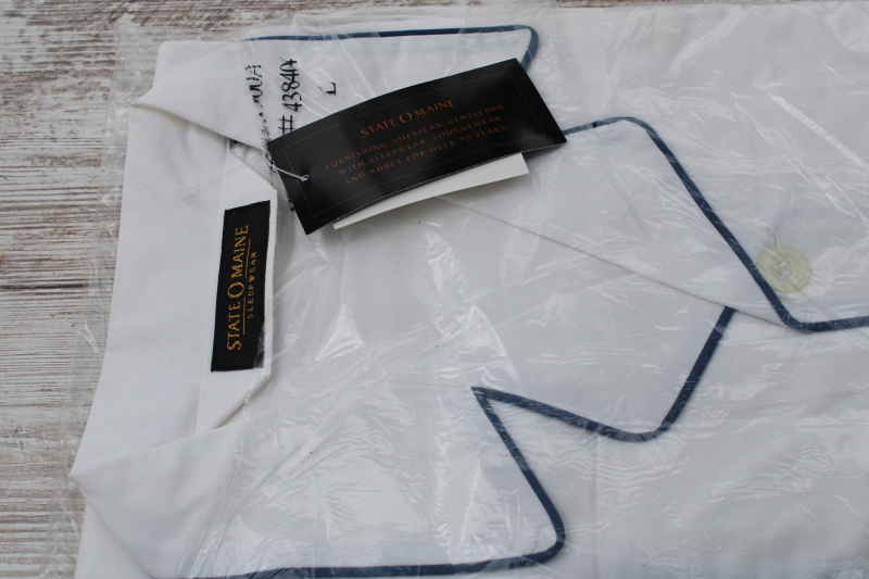 photo of new in pkg State O Maine crisp white cotton pajamas w/ navy blue piping, men's size large  #3