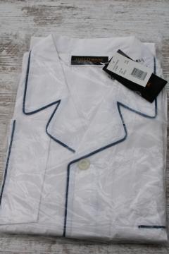 new in pkg State O Maine crisp white cotton pajamas w/ navy blue piping, men's size large 