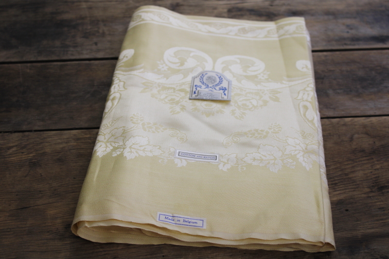photo of new w/ label vintage Belgian damask tablecloth, butter yellow cotton rayon fabric #1