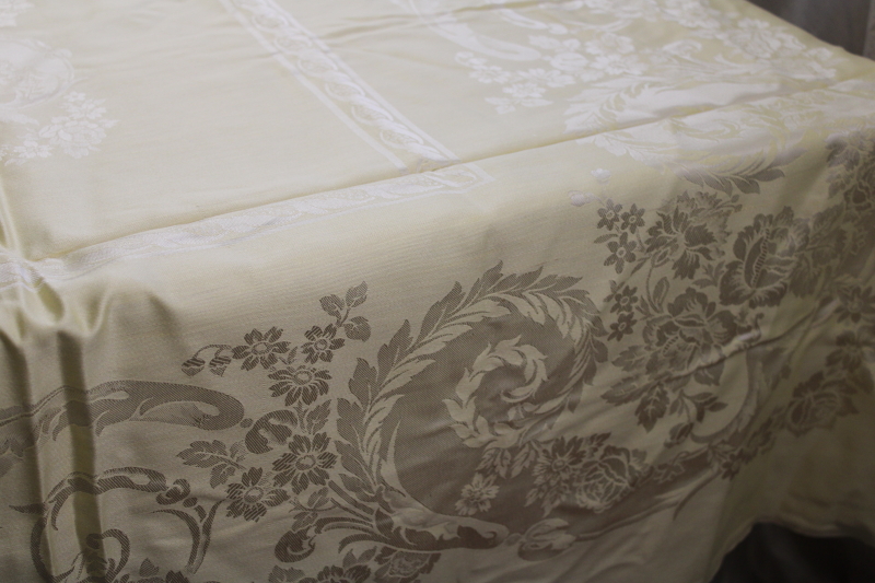 photo of new w/ label vintage Belgian damask tablecloth, butter yellow cotton rayon fabric #6