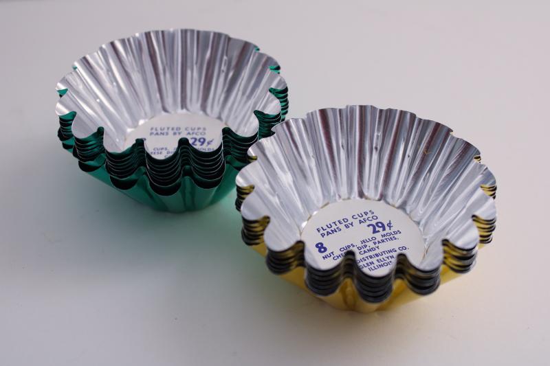 photo of new w/ label vintage gold & green colored foil fluted nut cups, Christmas reflectors #2