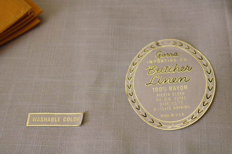 photo of new w/ label vintage linen weave rayon tablecloth & napkins set, natural flax w/ mustard gold #2