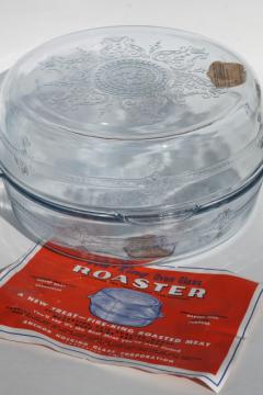 catalog photo of new w/ label vintage roaster Fire King sapphire blue depression glass roasting pan w/ cover