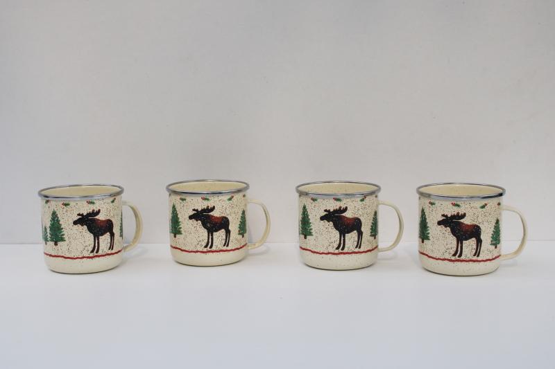 photo of new w/ labels vintage Cabin Creek camp style enamelware mugs, rustic Christmas trees, moose bear #1