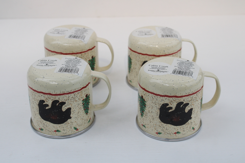 photo of new w/ labels vintage Cabin Creek camp style enamelware mugs, rustic Christmas trees, moose bear #3