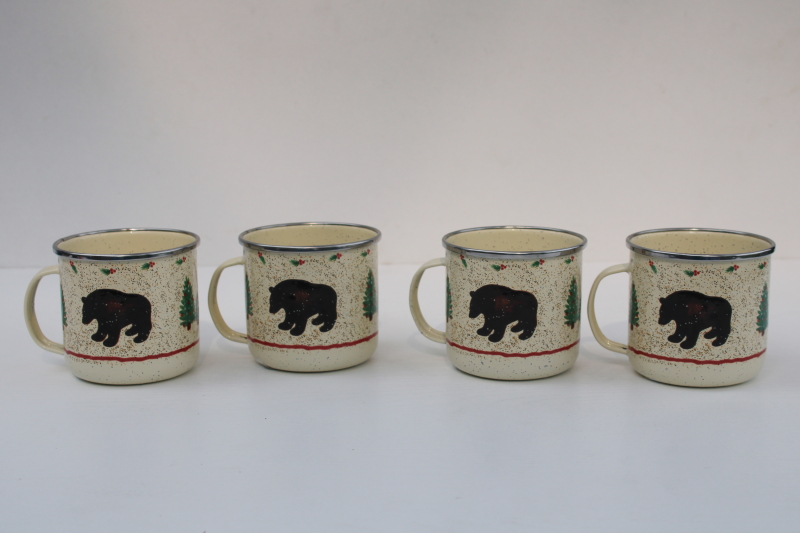 photo of new w/ labels vintage Cabin Creek camp style enamelware mugs, rustic Christmas trees, moose bear #5