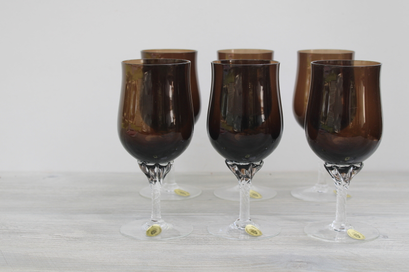 photo of new w/ labels vintage Celebrity crystal water or wine glasses, smoke brown clear twist stem goblets #1