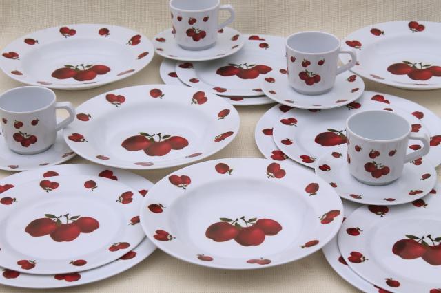 photo of new melmac dinnerware w/ fall apples, red apple print unbreakable melamine plastic dishes set #1