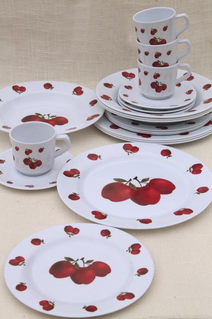 photo of new melmac dinnerware w/ fall apples, red apple print unbreakable melamine plastic dishes set #2