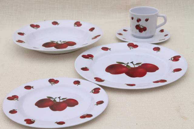 photo of new melmac dinnerware w/ fall apples, red apple print unbreakable melamine plastic dishes set #3