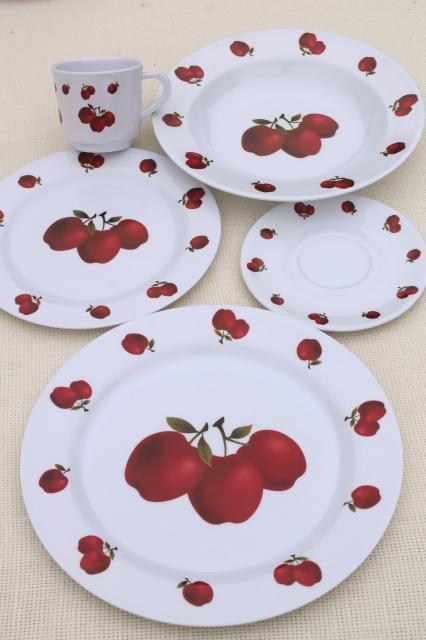 photo of new melmac dinnerware w/ fall apples, red apple print unbreakable melamine plastic dishes set #4