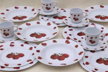 catalog photo of new melmac dinnerware w/ fall apples, red apple print unbreakable melamine plastic dishes set