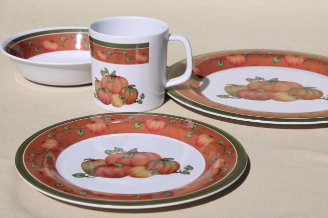 photo of new melmac dinnerware w/ fall pumpkins, unbreakable melamine plastic holiday dishes set #3
