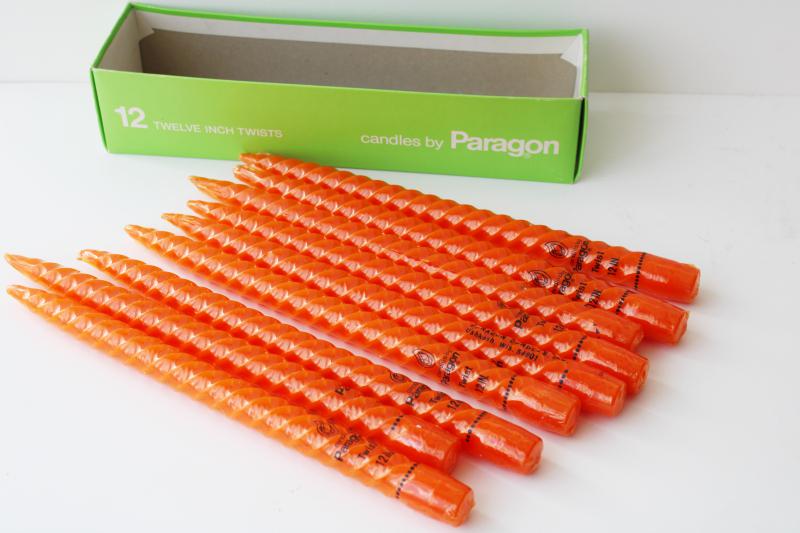 photo of new old stock 70s vintage taper candles, Paragon twist tapers in fire orange #5