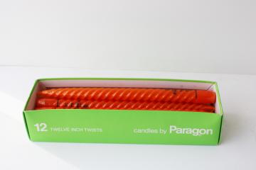 catalog photo of new old stock 70s vintage taper candles, Paragon twist tapers in fire orange