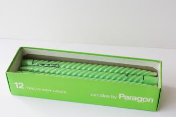 catalog photo of new old stock 70s vintage taper candles, Paragon twist tapers in lime green