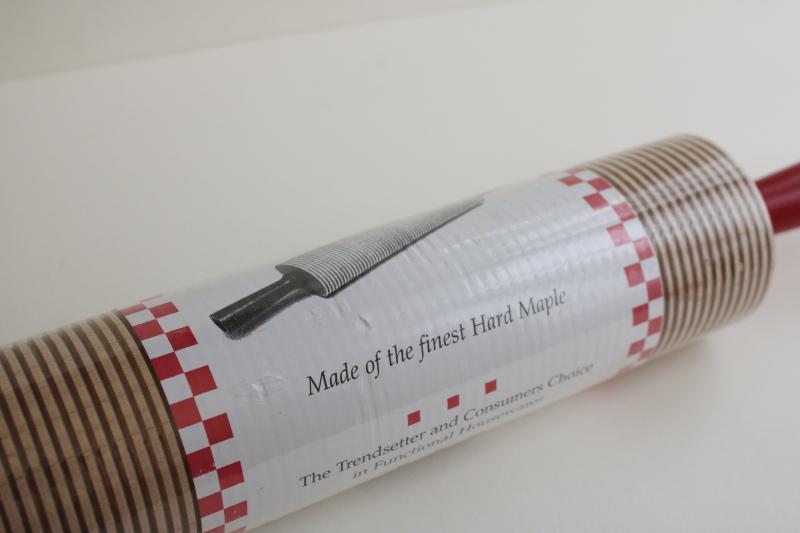 photo of new old stock Bethany House rolling pin, corrugated maple hard wood w/ red handles #3