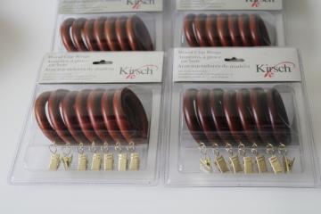 catalog photo of new old stock Kirsch wood clip rings, lot large wooden curtain rod rings in pkgs