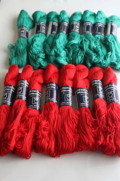 catalog photo of new old stock Tahki yarn lot, mercerized cotton red and green solid colors, 1990s vintage 