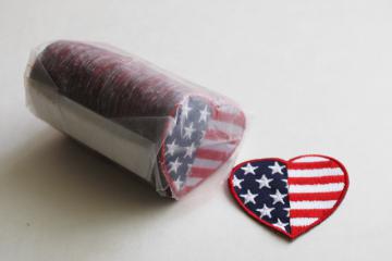 catalog photo of new old stock embroidered applique patches, patriotic American flag hearts love USA