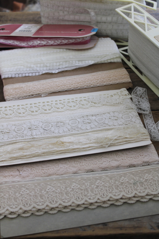 photo of new old stock lot, bolts of lace edgings sewing trim, ecru, ivory, white lace #1