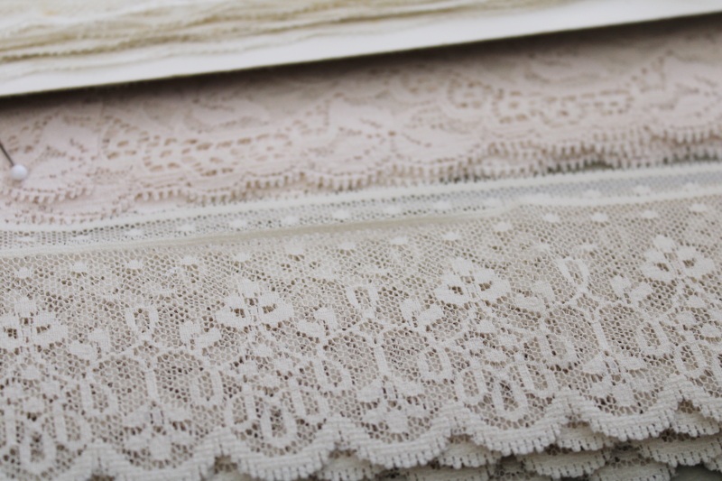 photo of new old stock lot, bolts of lace edgings sewing trim, ecru, ivory, white lace #2