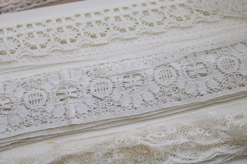 photo of new old stock lot, bolts of lace edgings sewing trim, ecru, ivory, white lace #3