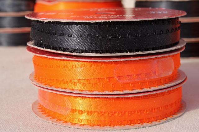 photo of new old stock lot narrow woven edge satin baby ribbon, Halloween colors orange & black #4