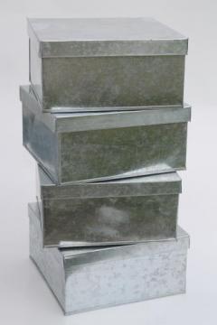 catalog photo of new old stock lot storage box tins, rustic vintage style galvanized zinc metal shoeboxes