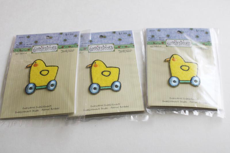 photo of new old stock sticker appliques, embroidered patches badges Sue Dreamer yellow ducks #1