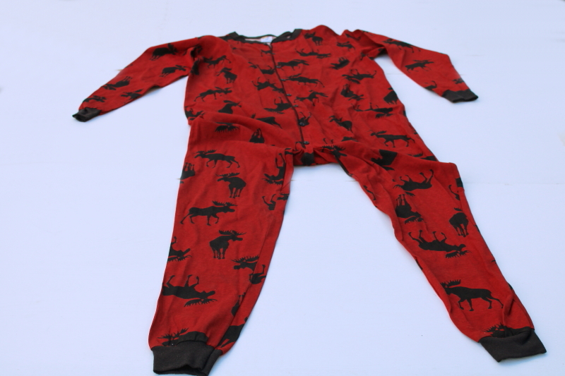 photo of new old stock vintage Hatley Canada all cotton union suit long johns underwear, moose print on red  #1