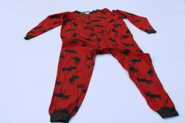 catalog photo of new old stock vintage Hatley Canada all cotton union suit long johns underwear, moose print on red