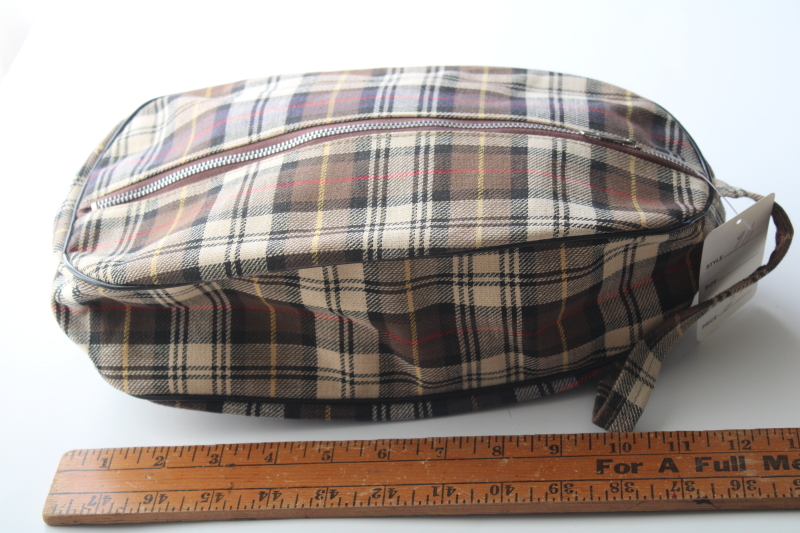 photo of new old stock vintage Japan cotton plaid travel bag w/ waterproof lining, for dopp kit or shoes bag #5