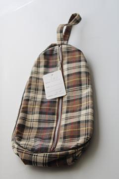 catalog photo of new old stock vintage Japan cotton plaid travel bag w/ waterproof lining, for dopp kit or shoes bag