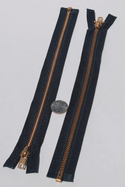 photo of new old stock vintage YKK brass zippers, full open metal zips w/ navy blue tape #2