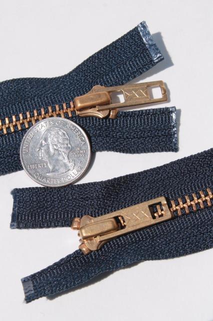 photo of new old stock vintage YKK brass zippers, full open metal zips w/ navy blue tape #3