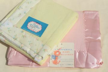 catalog photo of new old stock vintage baby blankets w/ original mid-century labels, cute graphics!