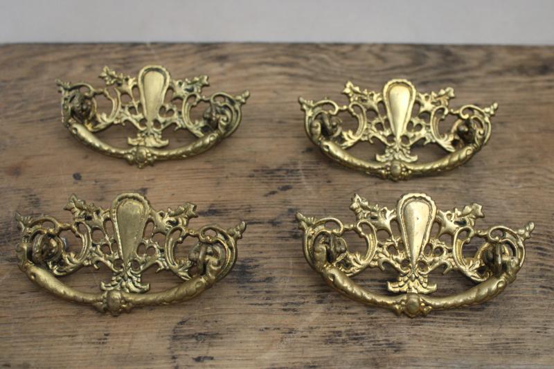 photo of new old stock vintage brass drawer pulls hardware, French or Italianate rococo #1